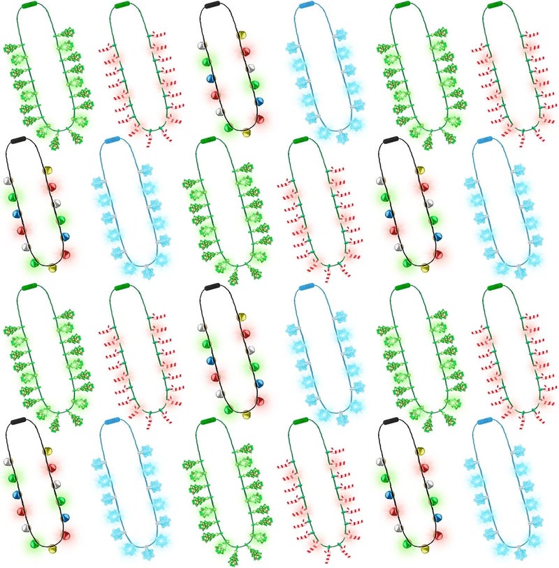 Traplace Store 24PCS Light up Christmas Necklace, 3 Modes Christmas Party Favors with LED Bulbs, Vibrant Festive Xmas Bell Trees Candy Canes Designs, Xmas Ugly Sweater Parties Decorative Holiday Gifts - Image 1